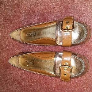 Gold and tan merona loafers with buckle